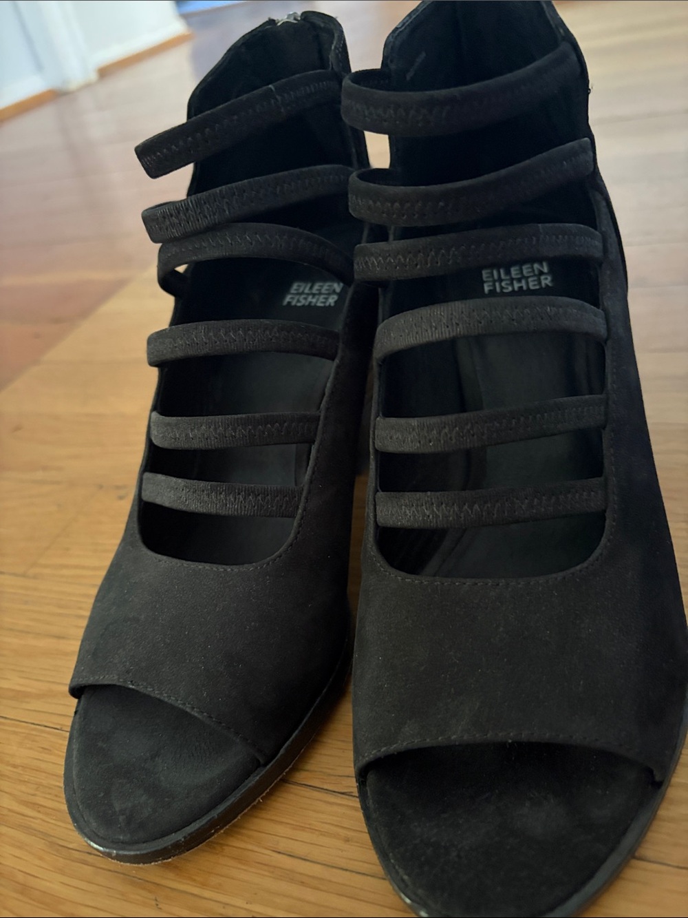 Eileen Fisher Black Strappy Suede Heeled Sandals